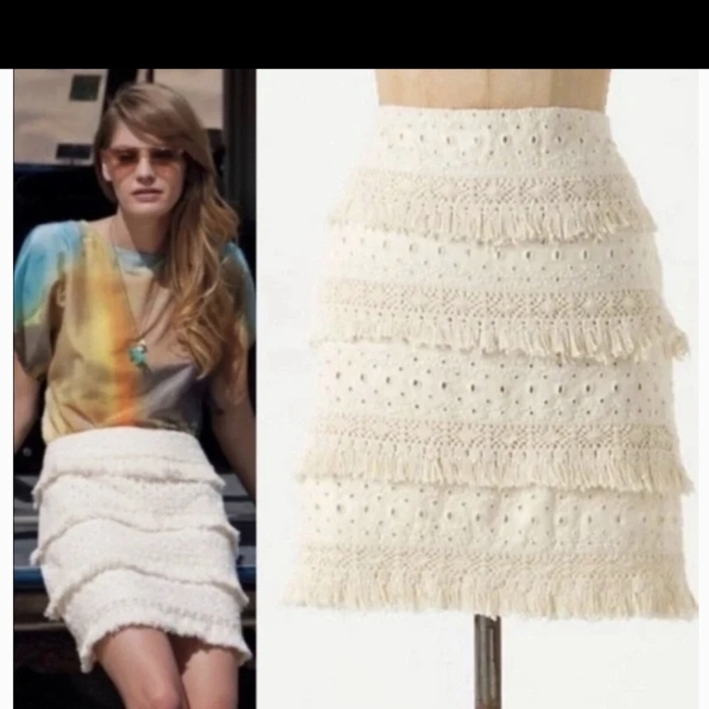 Anthropologie,Elegant Cream Linen Fringe Skirt,Size 10